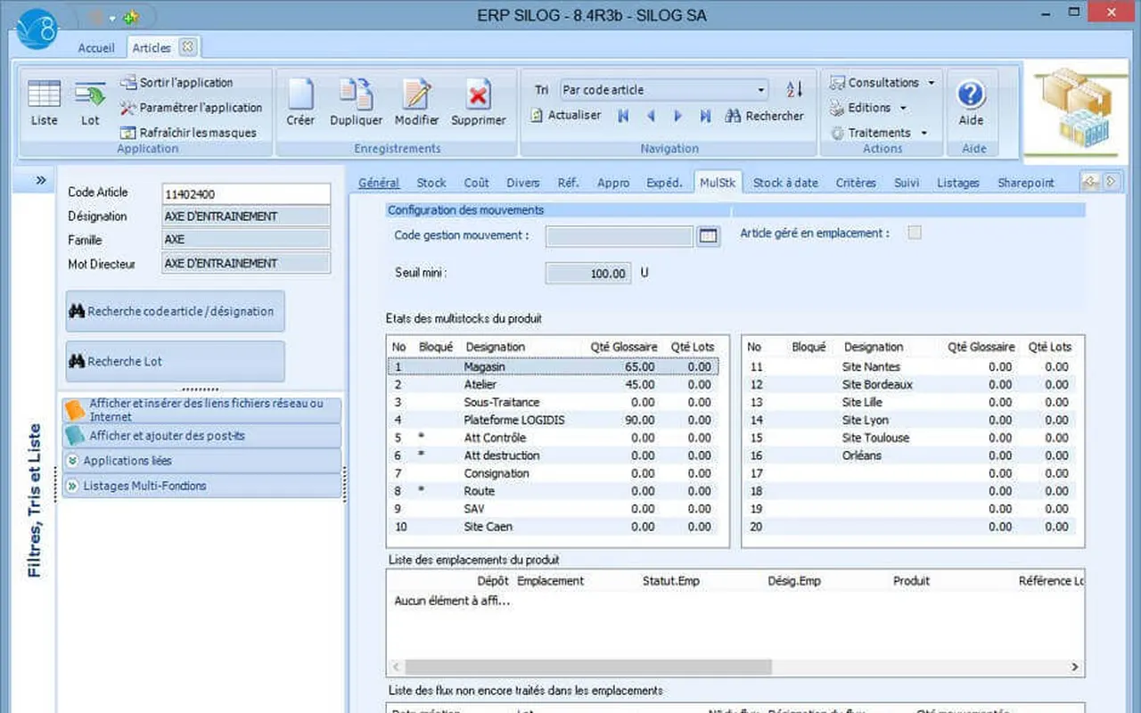 Interface de l'ERP Silog
